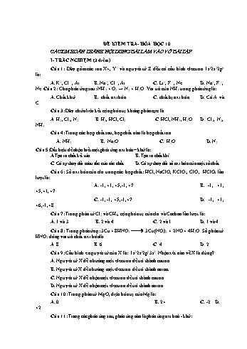 Đề kiểm tra Hóa học Lớp 10 - Trường THPT Vũ Văn Hiếu