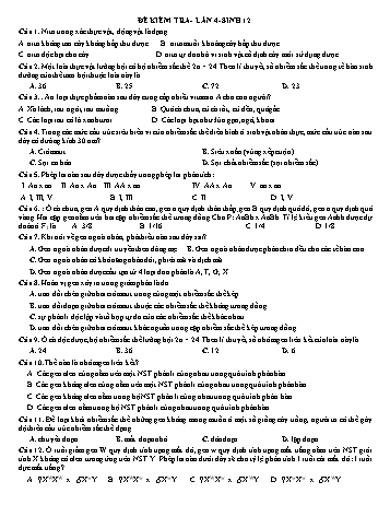 Đề kiểm tra Sinh học Lớp 12 (Lần 4) - Trường THPT Vũ Văn Hiếu