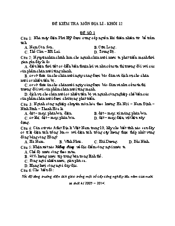 Đề ôn tập kiểm tra Địa lí Lớp 12 - Đề số 1 - Trường THPT Trần Hưng Đạo