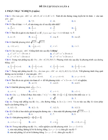 Đề ôn tập Toán Lớp 10 (Lần 4) - Trường THPT Vũ Văn Hiếu