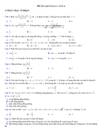 Đề ôn tập Toán Lớp 11 (Lần 4) - Trường THPT Vũ Văn Hiếu