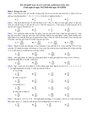 Đề ôn tập Toán Lớp 11 - Ôn tổ hợp xác suất. Cấp số. Giới hạn dãy số - Trường THPT Trần Hưng Đạo Đề ôn tập Toán Lớp 11 - Ôn tổ hợp xác suất. Cấp số. Giới hạn dãy số - Trường THPT Trần Hưng Đạo