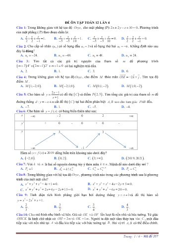 Đề ôn tập Toán Lớp 12 (Lần 4) - Trường THPT Vũ Văn Hiếu