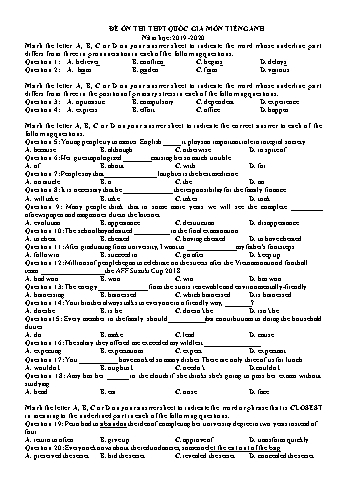 Đề ôn thi THPT Quốc gia môn Tiếng Anh - Năm học 2019-2020 - Trường THPT Trần Hưng Đạo