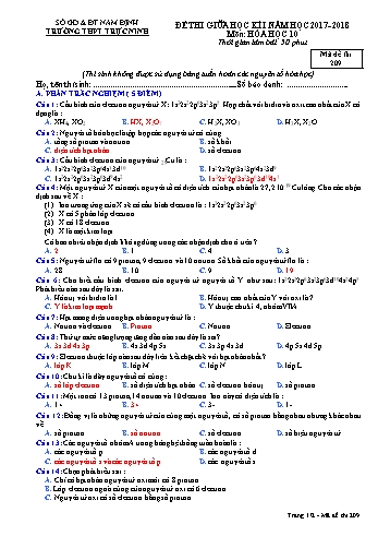 Đề thi giữa học kì 1 Hóa học Lớp 10 - Mã đề: 209 - Năm học 2017-2018 - Trường THPT Trực Ninh (Có đáp án)