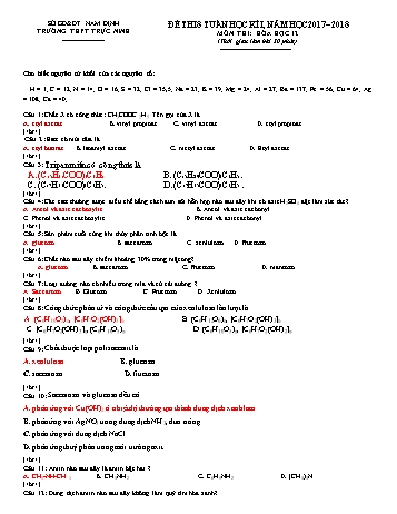 Đề thi giữa học kì 1 Hóa học Lớp 12 - Đề gốc - Năm học 2017-2018 - Trường THPT Trực Ninh (Có đáp án)