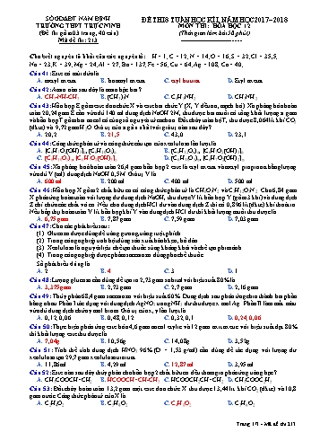 Đề thi giữa học kì 1 Hóa học Lớp 12 - Mã đề: 213 - Năm học 2017-2018 - Trường THPT Trực Ninh (Có đáp án)