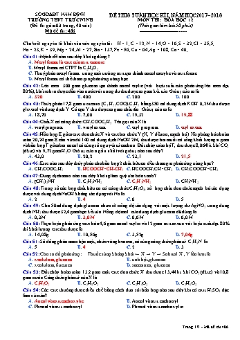 Đề thi giữa học kì 1 Hóa học Lớp 12 - Mã đề: 486 - Năm học 2017-2018 - Trường THPT Trực Ninh (Có đáp án)