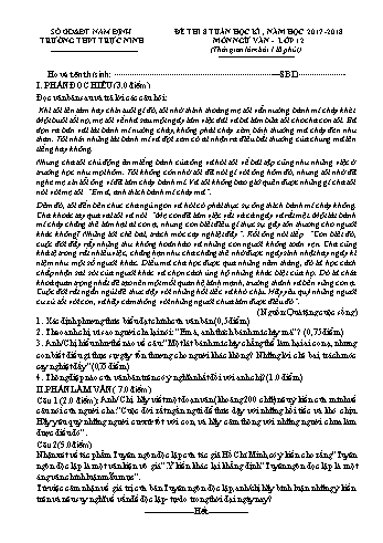 Đề thi giữa học kì 1 Ngữ văn Lớp 12 - Năm học 2017-2018 - Trường THPT Trực Ninh (Có đáp án)