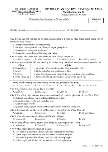 Đề thi giữa học kì 1 Sinh học Lớp 10 - Mã đề: 132 - Năm học 2017-2018 - Trường THPT Trực Ninh (Có đáp án)