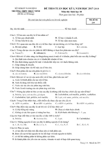 Đề thi giữa học kì 1 Sinh học Lớp 10 - Mã đề: 209 - Năm học 2017-2018 - Trường THPT Trực Ninh (Có đáp án)