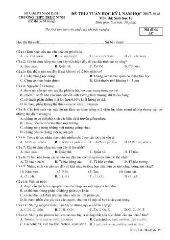 Đề thi giữa học kì 1 Sinh học Lớp 10 - Mã đề: 357 - Năm học 2017-2018 - Trường THPT Trực Ninh (Có đáp án)