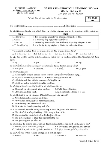 Đề thi giữa học kì 1 Sinh học Lớp 10 - Mã đề: 485 - Năm học 2017-2018 - Trường THPT Trực Ninh (Có đáp án)