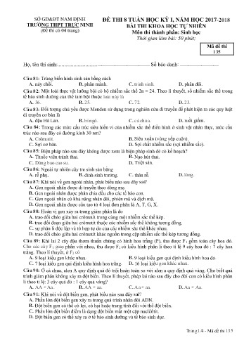 Đề thi giữa học kì 1 Sinh học Lớp 12 - Mã đề: 135 - Năm học 2017-2018 - Trường THPT Trực Ninh (Có đáp án)