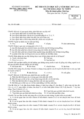 Đề thi giữa học kì 1 Sinh học Lớp 12 - Mã đề: 213 - Năm học 2017-2018 - Trường THPT Trực Ninh (Có đáp án)