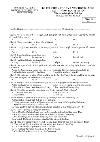 Đề thi giữa học kì 1 Sinh học Lớp 12 - Mã đề: 486 - Năm học 2017-2018 - Trường THPT Trực Ninh (Có đáp án)