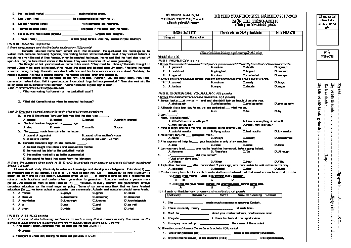 Đề thi giữa học kì 1 Tiếng Anh Lớp 10 - Mã đề: 135 - Năm học 2017-2018 - Trường THPT Trực Ninh (Có đáp án)