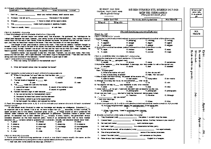 Đề thi giữa học kì 1 Tiếng Anh Lớp 10 - Mã đề: 257 - Năm học 2017-2018 - Trường THPT Trực Ninh