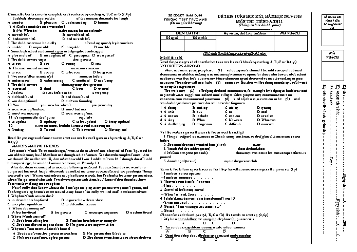 Đề thi giữa học kì 1 Tiếng Anh Lớp 11 - Mã đề: 135 - Năm học 2017-2018 - Trường THPT Trực Ninh