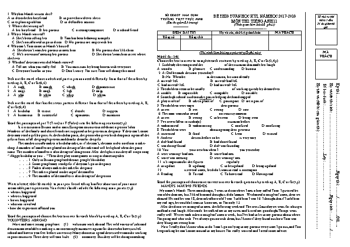 Đề thi giữa học kì 1 Tiếng Anh Lớp 11 - Mã đề: 246 - Năm học 2017-2018 - Trường THPT Trực Ninh