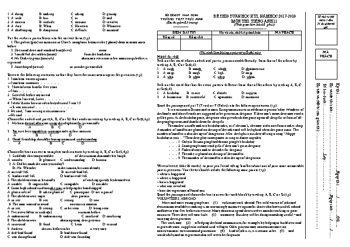 Đề thi giữa học kì 1 Tiếng Anh Lớp 11 - Mã đề: 468 - Năm học 2017-2018 - Trường THPT Trực Ninh