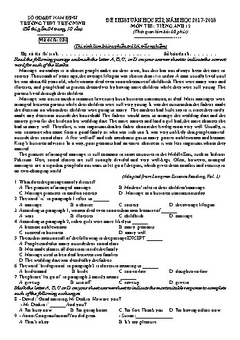 Đề thi giữa học kì 1 Tiếng Anh Lớp 12 - Mã đề: 286 - Năm học 2017-2018 - Trường THPT Trực Ninh (Có đáp án)