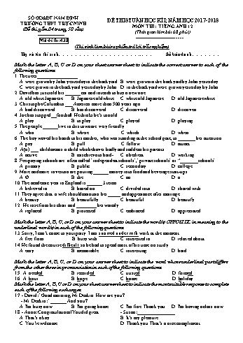 Đề thi giữa học kì 1 Tiếng Anh Lớp 12 - Mã đề: 438 - Năm học 2017-2018 - Trường THPT Trực Ninh (Có đáp án)