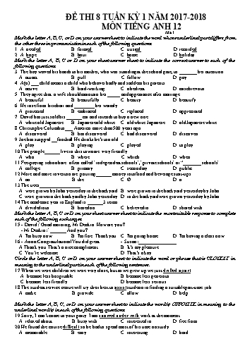 Đề thi giữa học kì 1 Tiếng Anh Lớp 12 - Năm học 2017-2018 - Trường THPT Trực Ninh