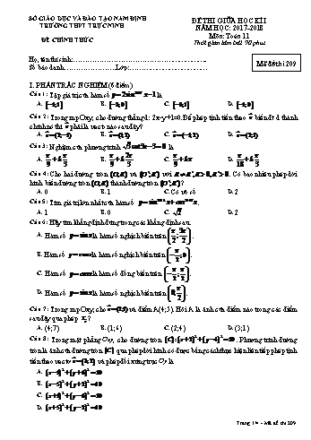 Đề thi giữa học kì 1 Toán Lớp 11 - Mã đề: 209 - Năm học 2017-2018 - Trường THPT Trực Ninh (Có ma trận và đáp án)