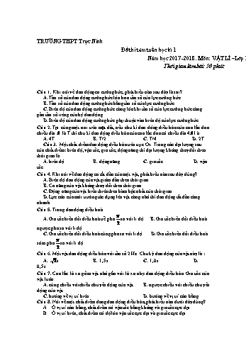 Đề thi giữa học kì 1 Vật lí Lớp 12 - Đề gốc - Năm học 2017-2018 - Trường THPT Trực Ninh (Có đáp án)