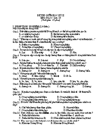 Đề thi giữa học kì 2 Địa lí Lớp 10 - Trường THPT Vũ Văn Hiếu