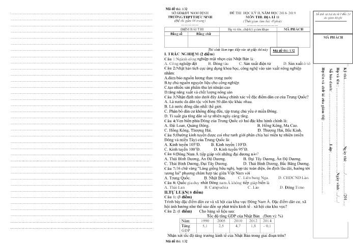 Đề thi học kì 2 Địa lí Lớp 11 - Mã đề: 132 - Năm học 2018-2019 - Trường THPT Trực Ninh (Có đáp án)