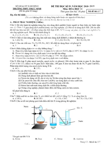 Đề thi học kì 2 Hóa học Lớp 11 - Mã đề: 137 - Năm học 2018-2019 - Trường THPT Trực Ninh (Có đáp án)