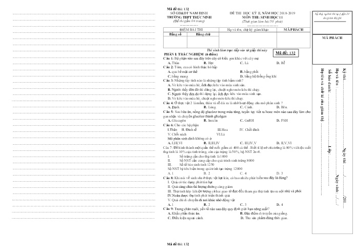 Đề thi học kì 2 Sinh học Lớp 11 - Mã đề: 132 - Năm học 2018-2019 - Trường THPT Trực Ninh (Có đáp án)
