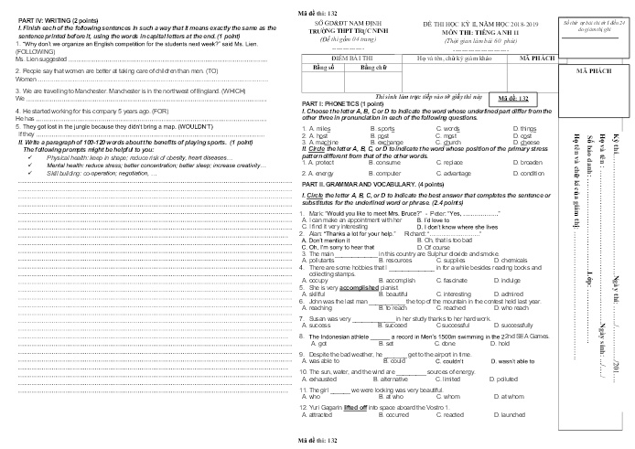 Đề thi học kì 2 Tiếng Anh Lớp 11 - Mã đề: 132 - Năm học 2018-2019 - Trường THPT Trực Ninh (Có đáp án)