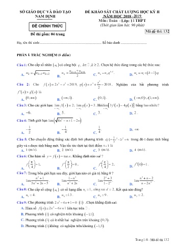 Đề thi học kì 2 Toán Lớp 11 - Mã đề: 132 - Năm học 2018-2019 - Trường THPT Trực Ninh (Có đáp án)