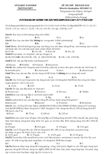 Đề thi thử học kì 1 Hóa học Lớp 12 - Trường THPT Vũ Văn Hiếu