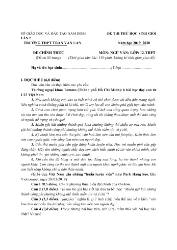 Đề thi thử học sinh giỏi Ngữ văn Lớp 12 - Năm học 2019-2020 - Trường THPT Trần Văn Lan