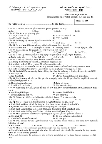 Đề thi thử THPT Quốc gia môn Sinh học - Mã đề: 003 - Năm học 2019-2020 - Trường THPT Trần Văn Lan (Có đáp án)