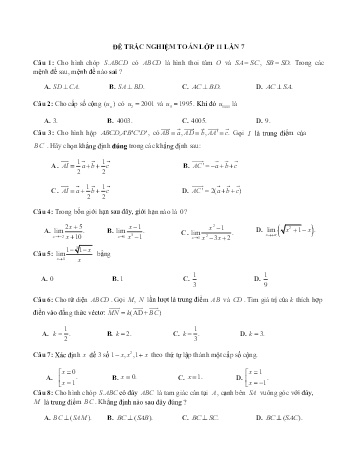 Đề trắc nghiệm Toán Lớp 11 (Lần 7) - Trường THPT Vũ Văn Hiếu