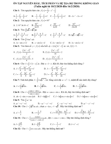 Ôn tập Giải tích Lớp 12 - Nguyên hàm, tích phân và hệ tọa độ trong không gian - Trường THPT Trần Hưng Đạo