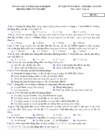 Ôn tập giữa học kì 2 Vật lí Lớp 12 - Đề số 1 - Trường THPT Vũ Văn Hiếu