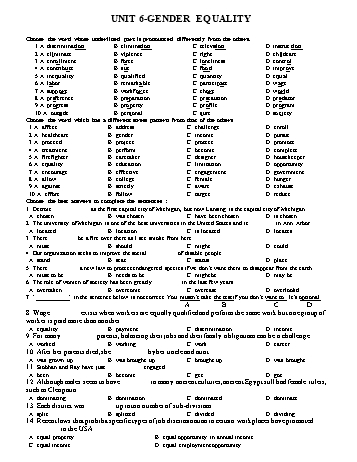 Ôn tập Tiếng Anh Lớp 10 (Đợt 3) - Unit 6: Gender equality - Trường THPT Trần Hưng Đạo Ôn tập Tiếng Anh Lớp 10 (Đợt 3) - Unit 6: Gender equality - Trường THPT Trần Hưng Đạo