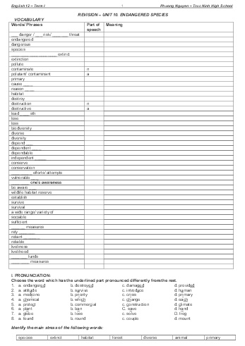 Ôn tập Tiếng Anh Lớp 12 - Unit 10: Endangered species - Trường THPT Trực Ninh