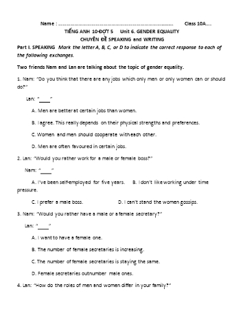 Trắc nghiệm Tiếng Anh Lớp 10 (Đợt 5) - Unit 6: Gender equality - Trường THPT Vũ Văn Hiếu