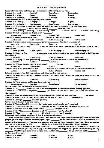 Trắc nghiệm Tiếng Anh Lớp 10 (Lần 3) - Trường THPT Vũ Văn Hiếu