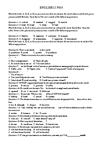 Trắc nghiệm Tiếng Anh Lớp 12 - Đề số 5 - Trường THPT Vũ Văn Hiếu