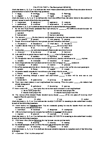 Trắc nghiệm Tiếng Anh Lớp 12 (Lần 4) - Trường THPT Vũ Văn Hiếu