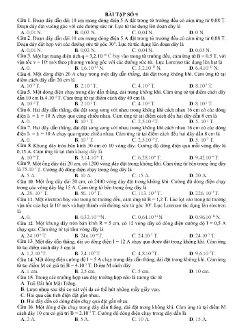 Trắc nghiệm Vật lí Lớp 11 - Đề số 9 - Trường THPT Vũ Văn Hiếu